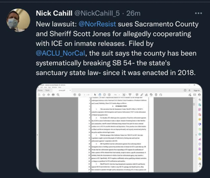 A screenshot of a tweet detailing NCR's joint lawsuit against Sacramento county with the ACLU for breaking sanctuary law. 